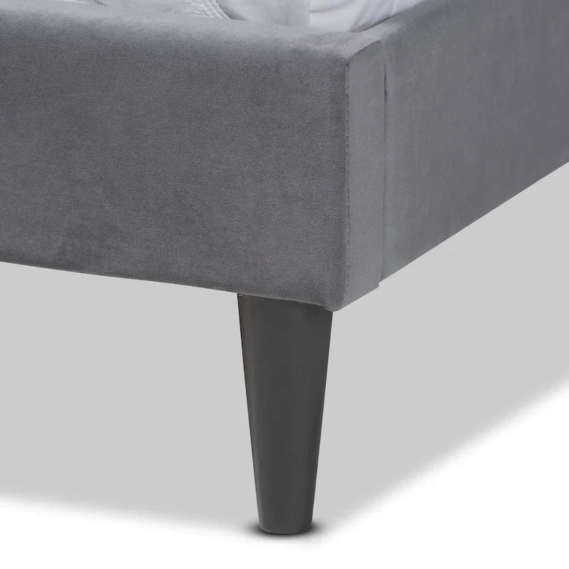 Gothard Modern and Contemporary Velvet Fabric Upholstered and Dark Brown Finished Wood Platform Bed