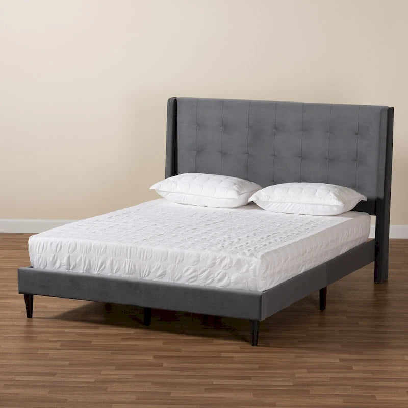 Gothard Modern and Contemporary Velvet Fabric Upholstered and Dark Brown Finished Wood Platform Bed