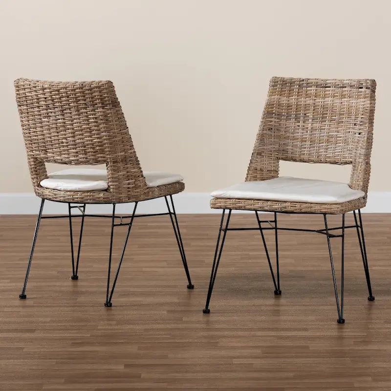 Nafaro Bohemian Rattan/ Metal 2-Piece Dining Chair Set with Cushion