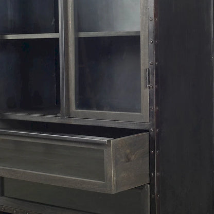 Gehry II Dark Brown Solid Wood w/ Black Iron Frame & Glass Doors / Drawers Display Cabinet