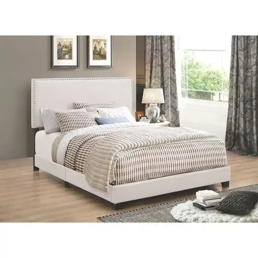 Modern Design Ivory Upholstered Bed with Nailhead Trim