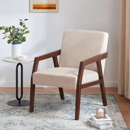 HUIMO Accent Armchair Solid Wooden Brownness/ White/ Blue Upholstered Mid-Century Modern Accent Chair for Living Room, Bedroom