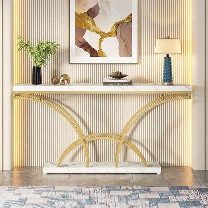 70.9 Faux Marble Console Sofa Table with Half-Moon Shaped Metal Legs for Entryway, Accent Tables for Living Room