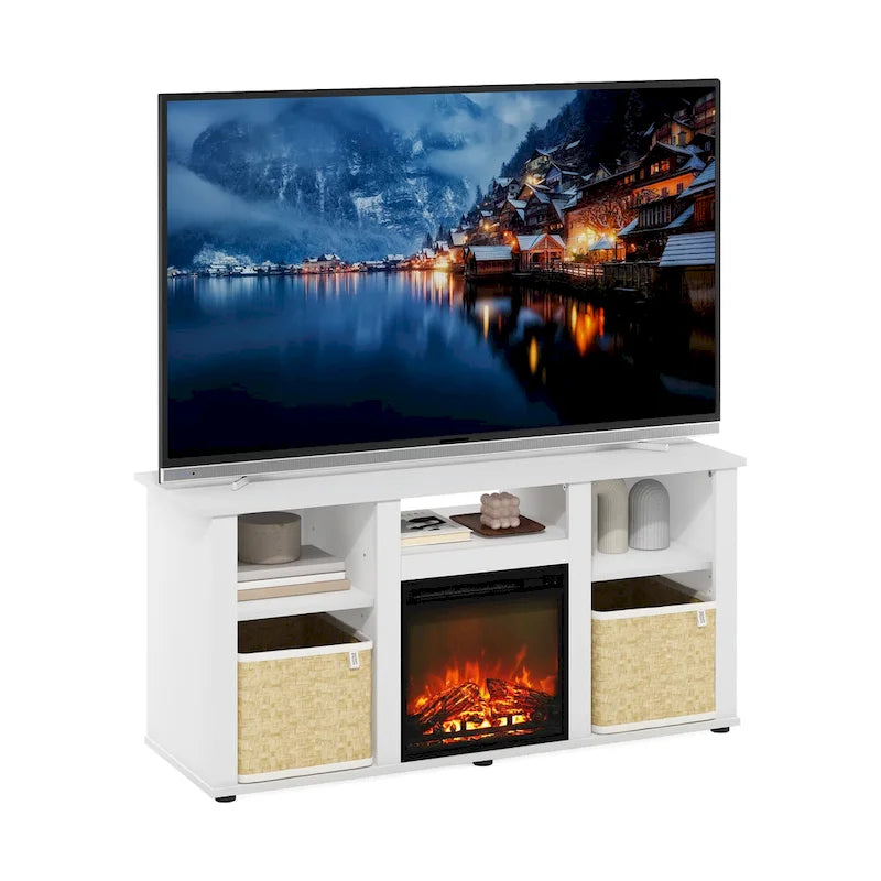 Furinno Jensen Fireplace TV Entertainment Center with Open Storage Compartment for TV up to 55 Inch