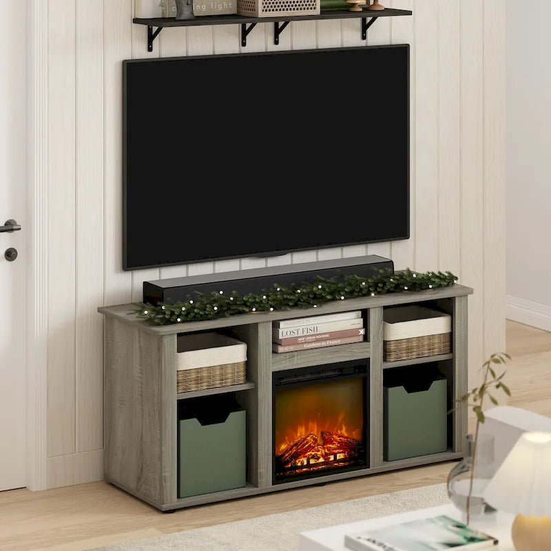 Furinno Jensen Fireplace TV Entertainment Center with Open Storage Compartment for TV up to 55 Inch