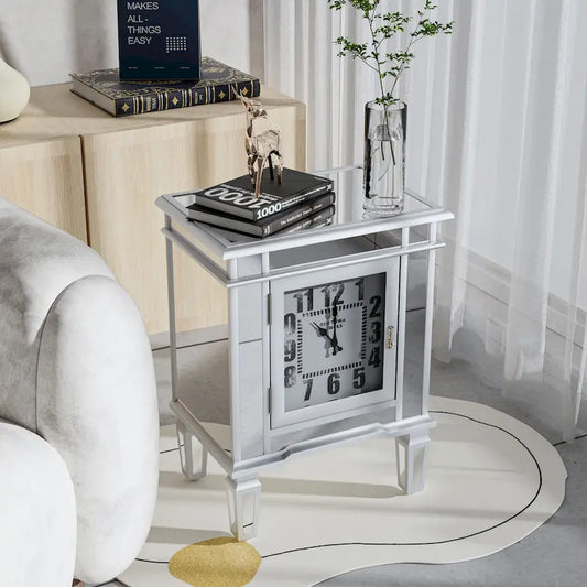 Mirrored Nightstand Clock End Table Silver Bedside Table Living Room - 19x13x25