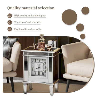 Mirrored Nightstand Clock End Table Silver Bedside Table Living Room - 19x13x25