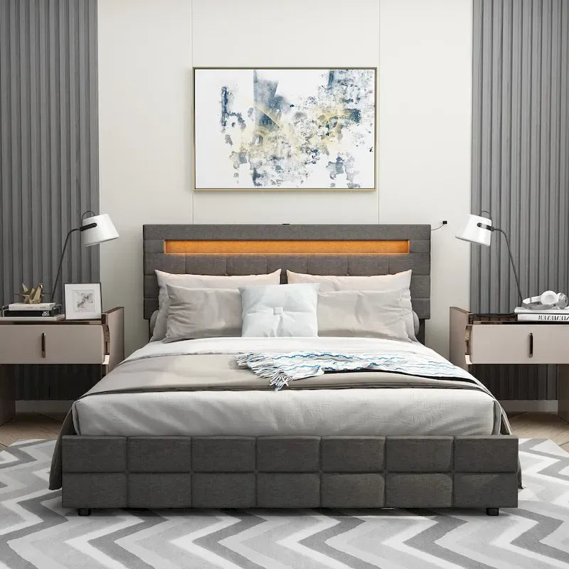 60.6 Queen Bed Frame with Drawers LED Bed Frame USB Charging Station