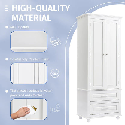 White Tall Storage Cabinet with Two Drawers
