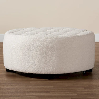 Athena Modern and Contemporary Ivory Boucle Upholstered and Black Finished Wood Round Ottoman