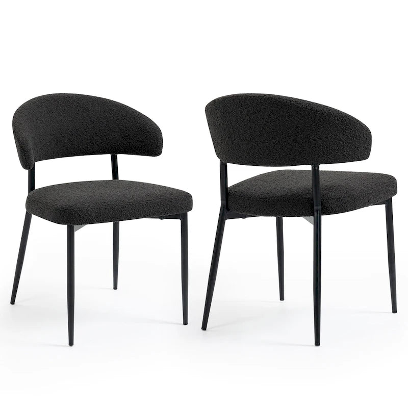 Set of 2 Ayoka Black Boucle Dining Chairs with Black Iron Legs