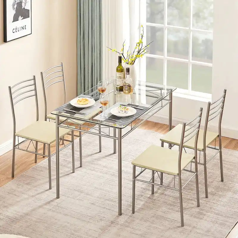 5-pieces Modern Dining Sets,Tempered Glass Table Top and 4 PU Chairs