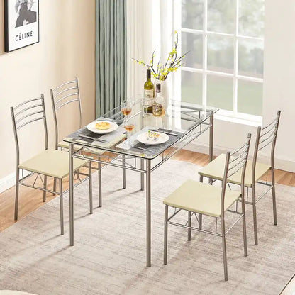 5-pieces Modern Dining Sets,Tempered Glass Table Top and 4 PU Chairs