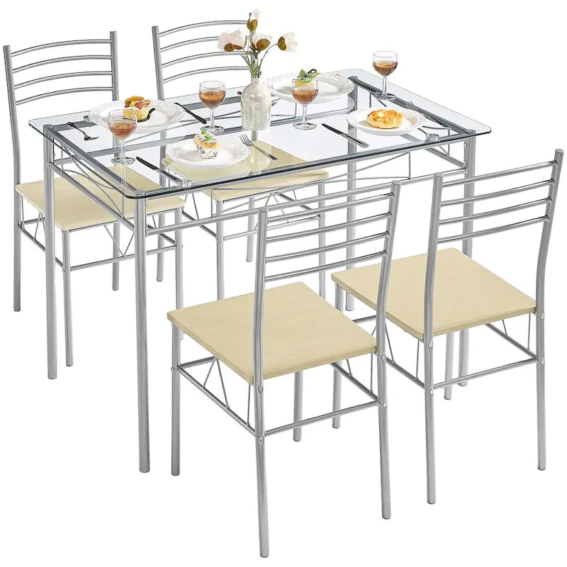 5-pieces Modern Dining Sets,Tempered Glass Table Top and 4 PU Chairs