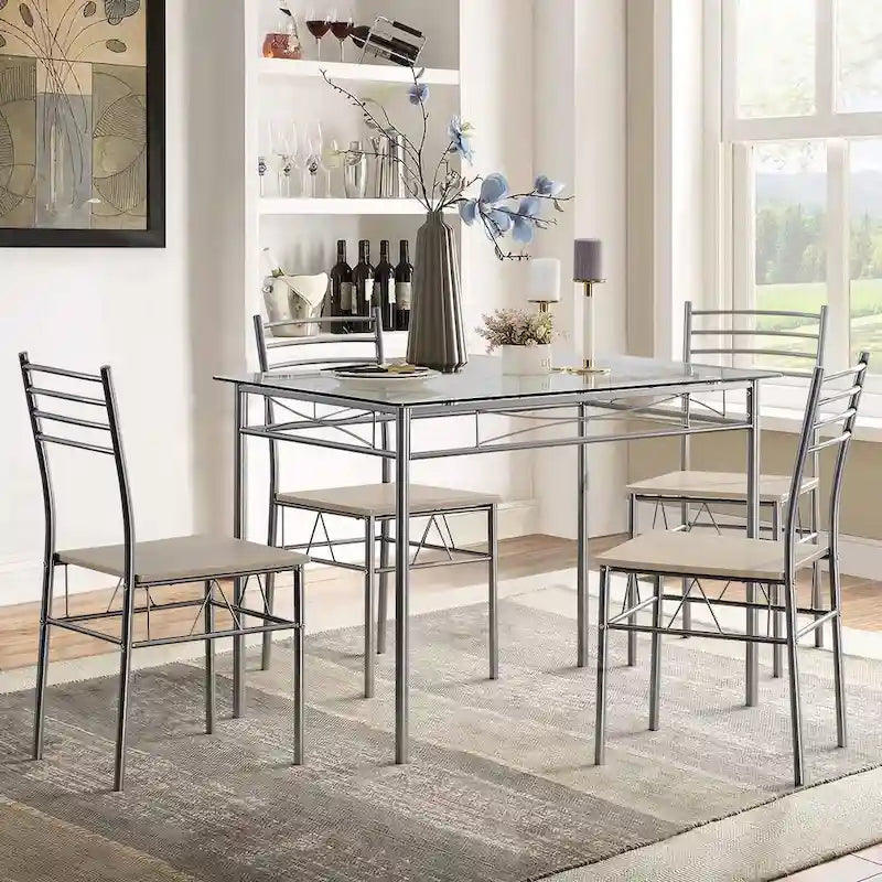 5-pieces Modern Dining Sets,Tempered Glass Table Top and 4 PU Chairs