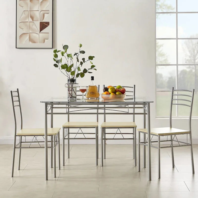 5-pieces Modern Dining Sets,Tempered Glass Table Top and 4 PU Chairs
