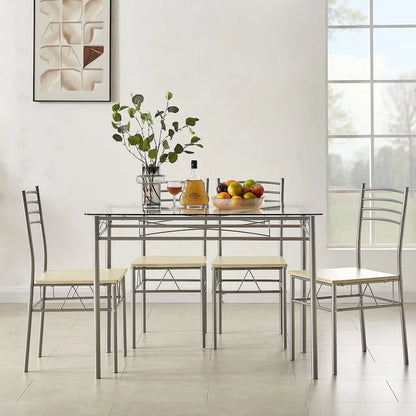 5-pieces Modern Dining Sets,Tempered Glass Table Top and 4 PU Chairs