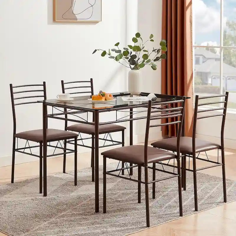 5-pieces Modern Dining Sets,Tempered Glass Table Top and 4 PU Chairs