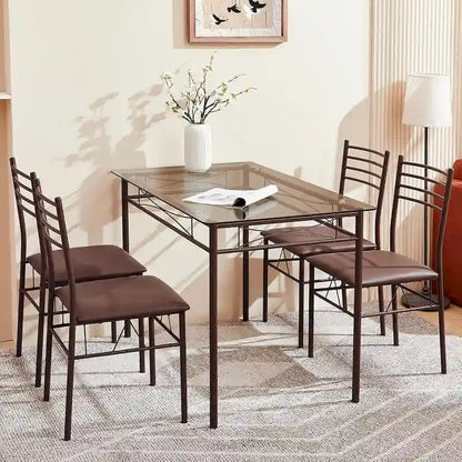 5-pieces Modern Dining Sets,Tempered Glass Table Top and 4 PU Chairs