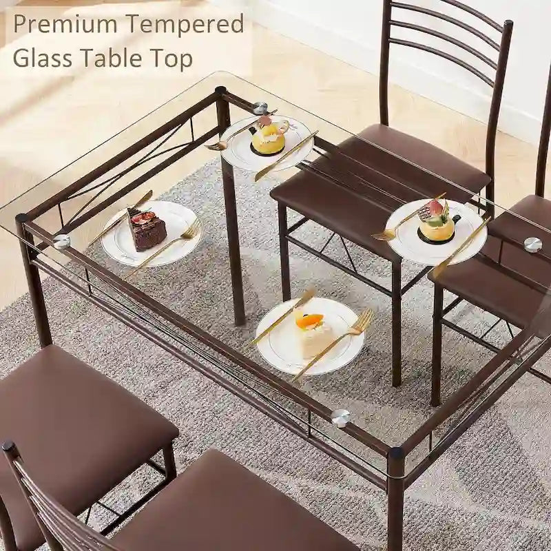 5-pieces Modern Dining Sets,Tempered Glass Table Top and 4 PU Chairs