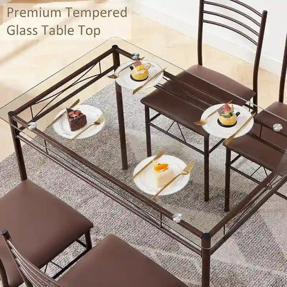 5-pieces Modern Dining Sets,Tempered Glass Table Top and 4 PU Chairs
