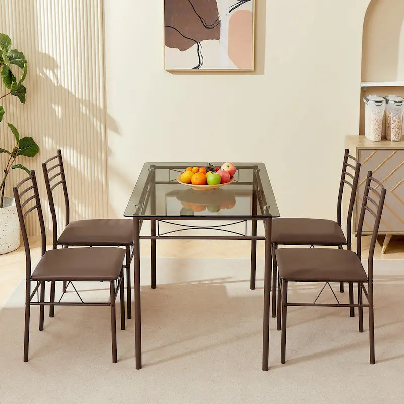 5-pieces Modern Dining Sets,Tempered Glass Table Top and 4 PU Chairs