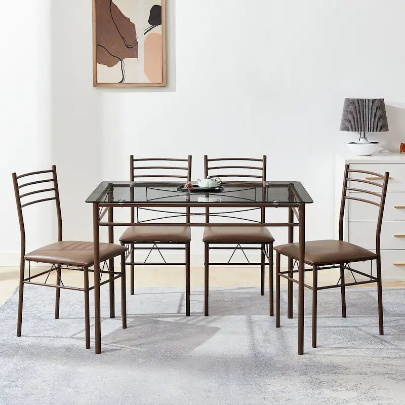 5-pieces Modern Dining Sets,Tempered Glass Table Top and 4 PU Chairs