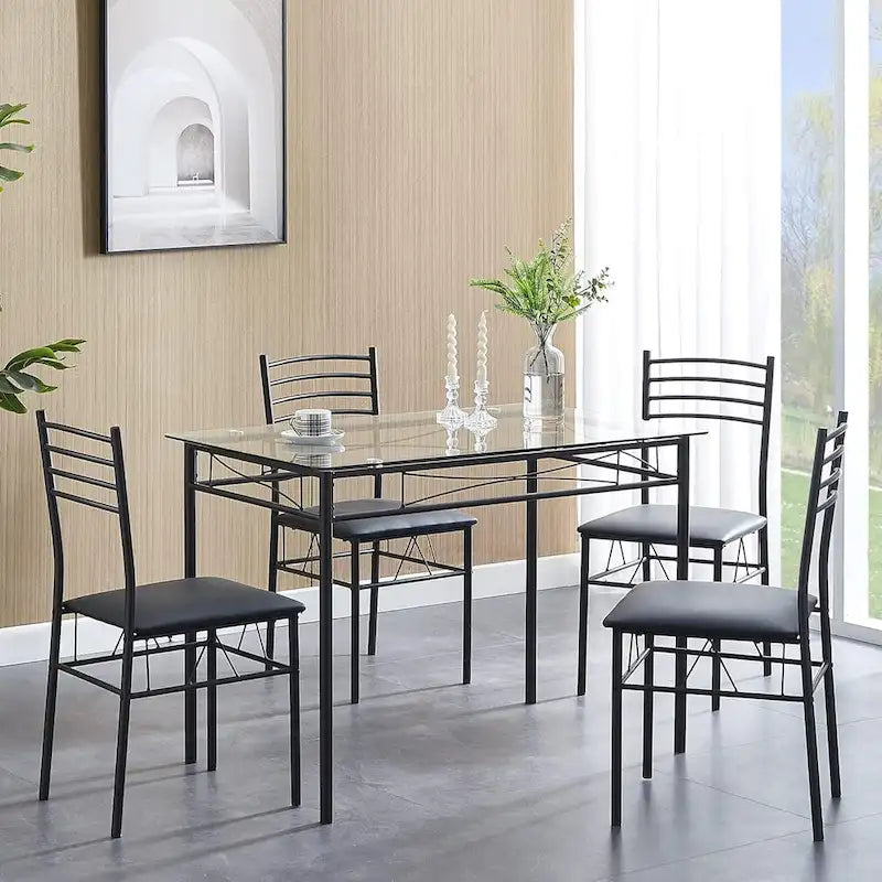 5-pieces Modern Dining Sets,Tempered Glass Table Top and 4 PU Chairs