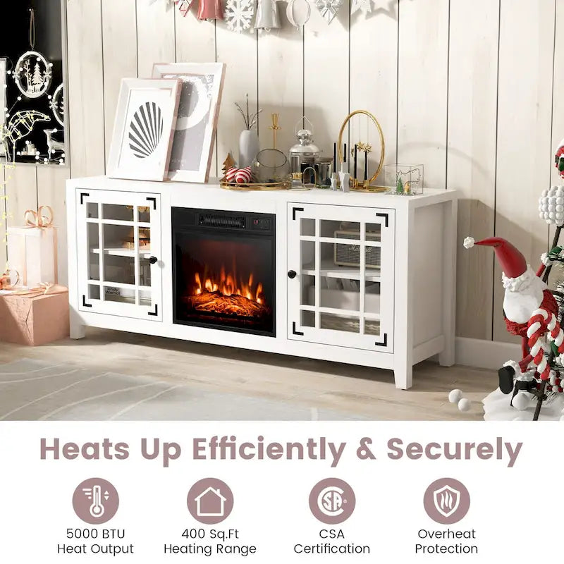 58 Inch Fireplace TV Stand with 3-Position Adjustable Shelves and 2 Cabinets with Doors