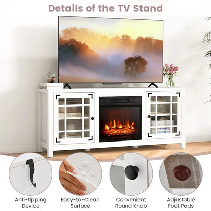 58 Inch Fireplace TV Stand with 3-Position Adjustable Shelves and 2 Cabinets with Doors
