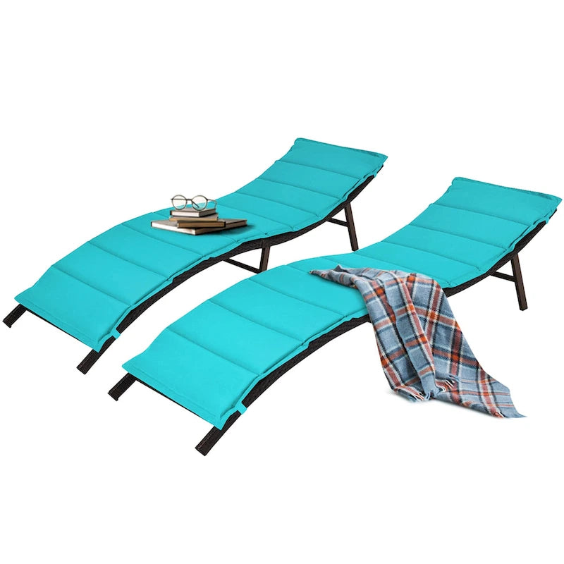 Gymax Set of 2 Folding Wicker Chaise Portable Lounge Chair w/ - 81x 23.5x 20
