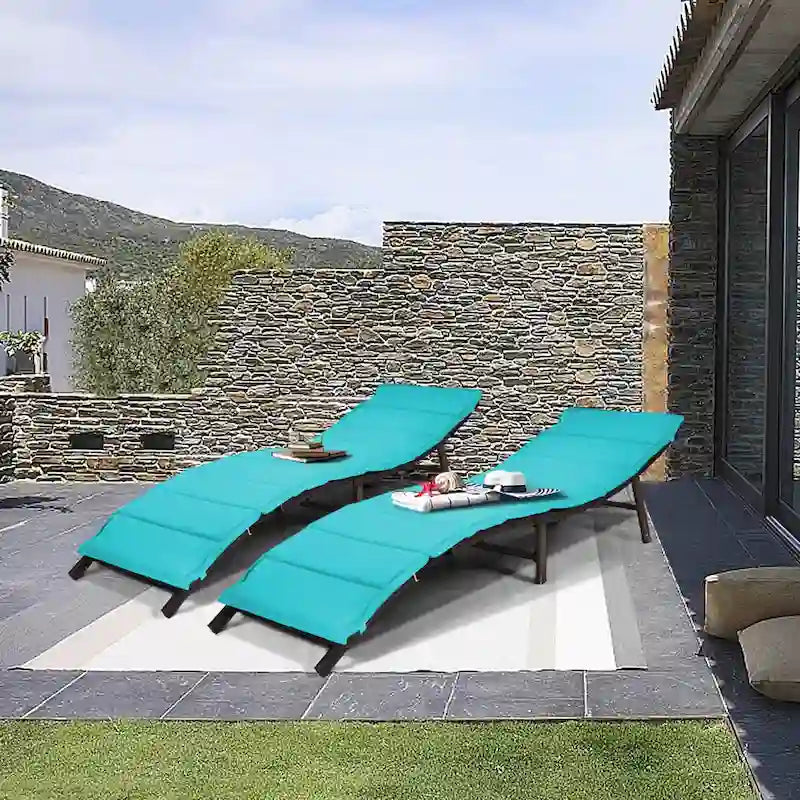 Gymax Set of 2 Folding Wicker Chaise Portable Lounge Chair w/ - 81x 23.5x 20