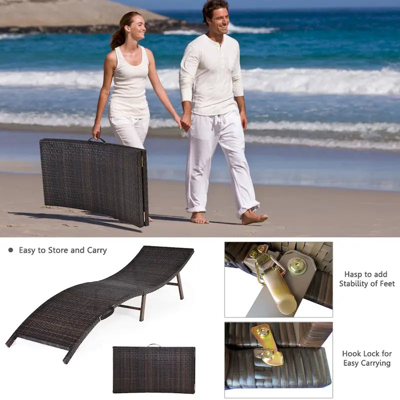Gymax Set of 2 Folding Wicker Chaise Portable Lounge Chair w/ - 81x 23.5x 20