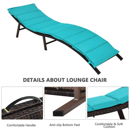 Gymax Set of 2 Folding Wicker Chaise Portable Lounge Chair w/ - 81x 23.5x 20