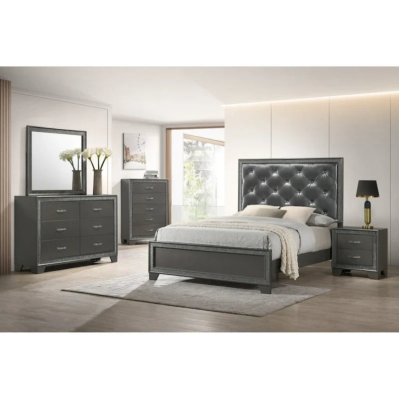 Hoyt Dark Gray Faux Leather Upholstered Tufted King Panel Bed