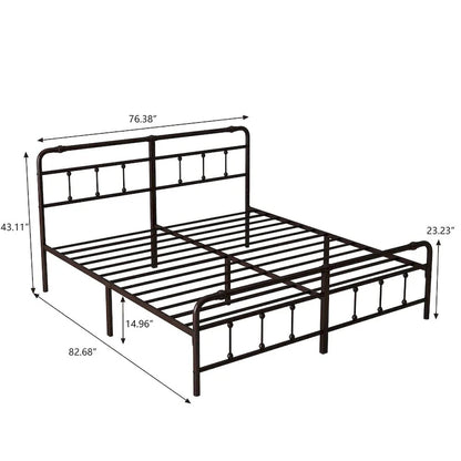 Metal Platform Bed Frame with Wrought Iron-Art Headboard/Footboard