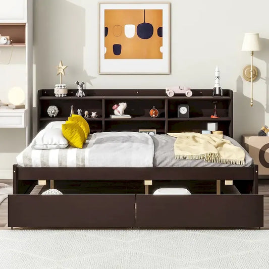Full Bed with Side Bookcase Drawers