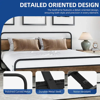 Moasis Metal Platform Bed Frame with Wooden Headboard