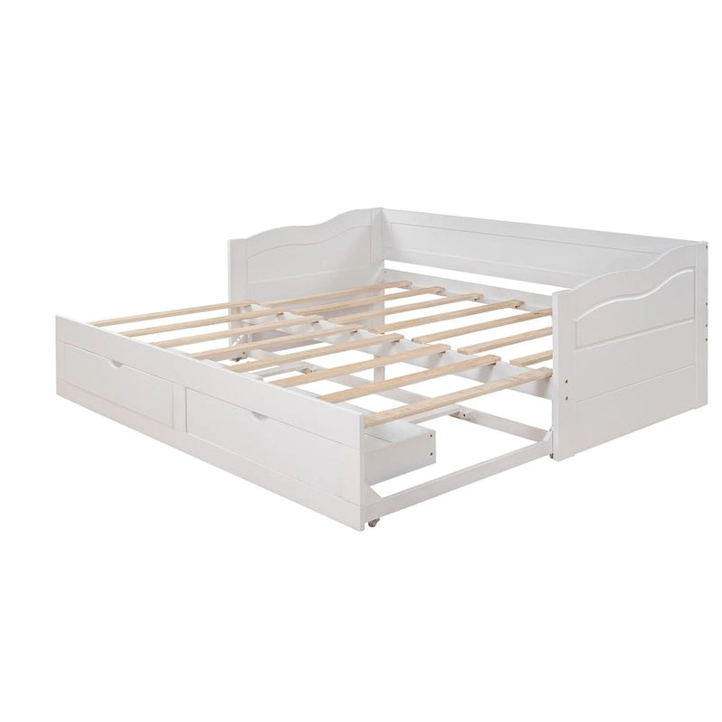 Wooden Extendable Sofa Bed, Daybed with Trundle and 2 Storage Drawers