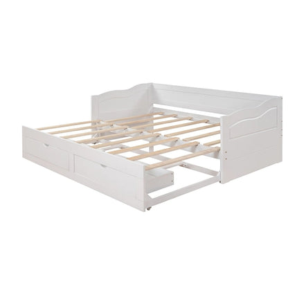Wooden Extendable Sofa Bed, Daybed with Trundle and 2 Storage Drawers