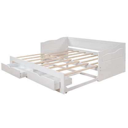 Wooden Extendable Sofa Bed, Daybed with Trundle and 2 Storage Drawers