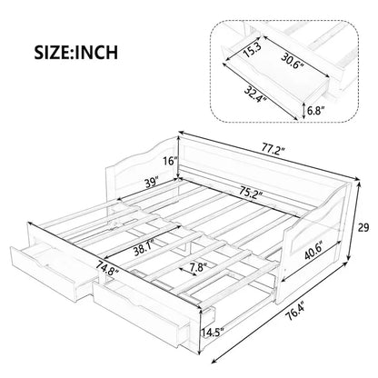Wooden Extendable Sofa Bed, Daybed with Trundle and 2 Storage Drawers