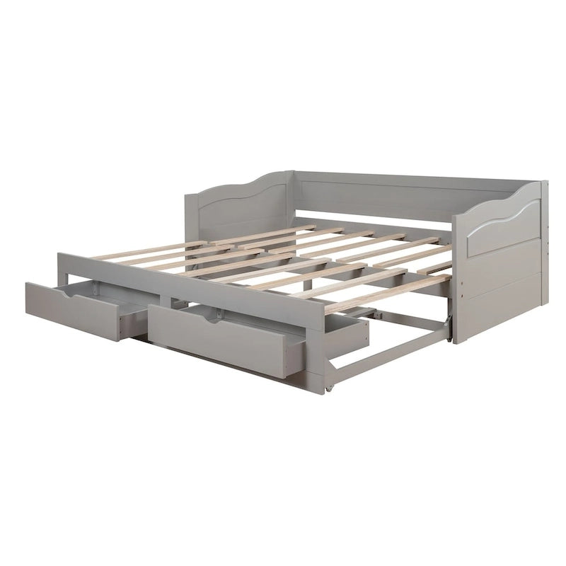 Wooden Extendable Sofa Bed, Daybed with Trundle and 2 Storage Drawers