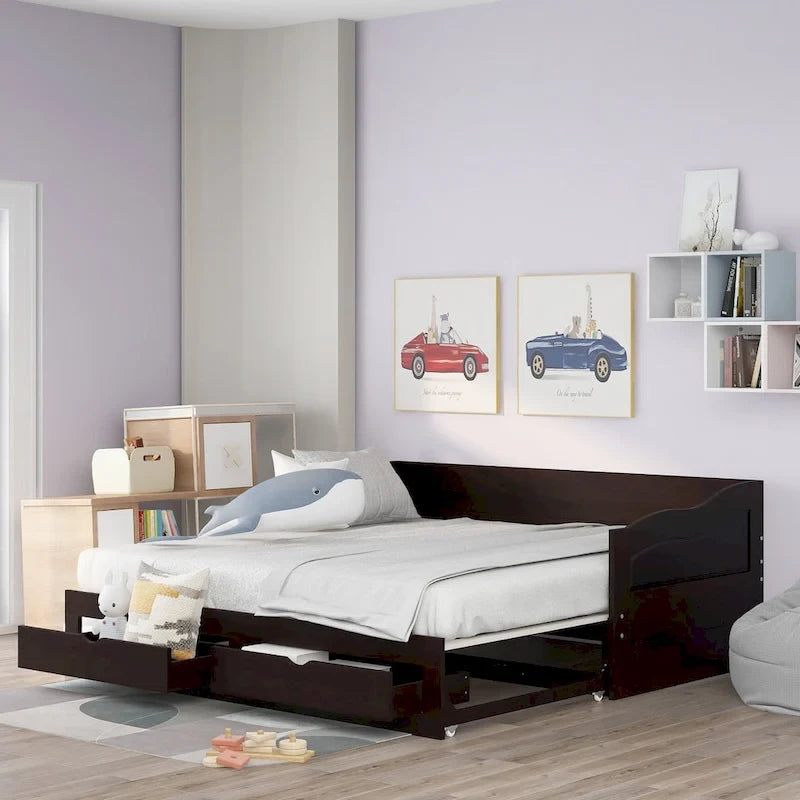 Wooden Extendable Sofa Bed, Daybed with Trundle and 2 Storage Drawers