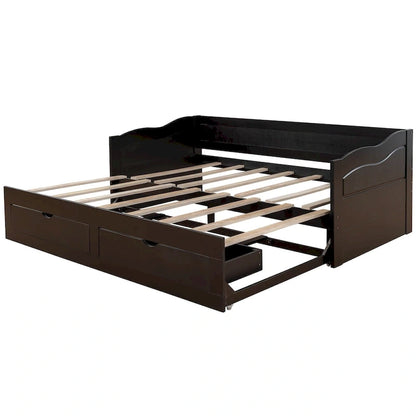 Wooden Extendable Sofa Bed, Daybed with Trundle and 2 Storage Drawers