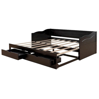 Wooden Extendable Sofa Bed, Daybed with Trundle and 2 Storage Drawers
