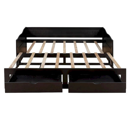 Wooden Extendable Sofa Bed, Daybed with Trundle and 2 Storage Drawers