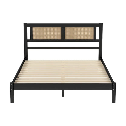 Wooden Platform Bed with Natural Rattan Headboard