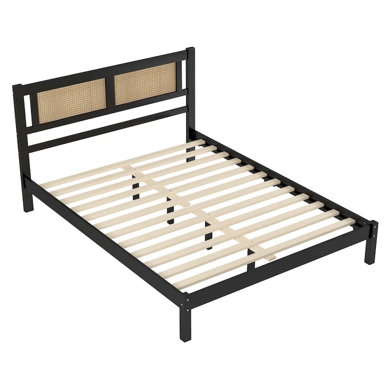 Wooden Platform Bed with Natural Rattan Headboard