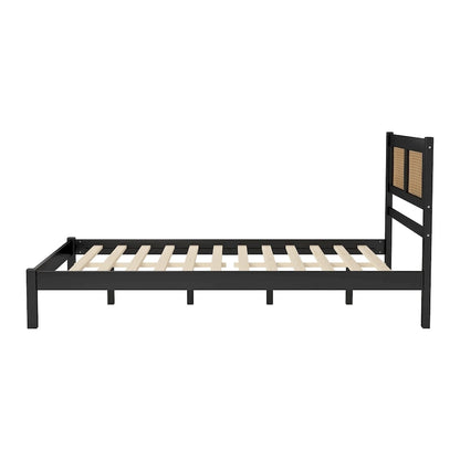 Wooden Platform Bed with Natural Rattan Headboard